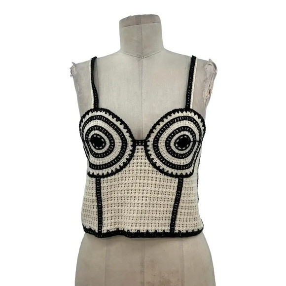 Zara Crochet Corset Cream‎ Black Knit Tank Top Size Medium - Picture 2 of 10